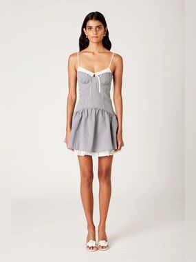 Spaghetti-Strap Gray Gingham Mini Dress with White Eyelet Trim